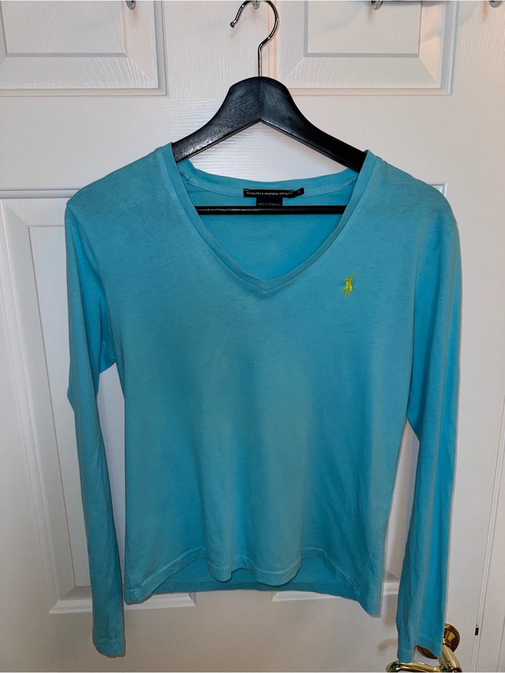 Ralph Lauren Long Sleeve V-Neck Tee in Aqua, Size Small